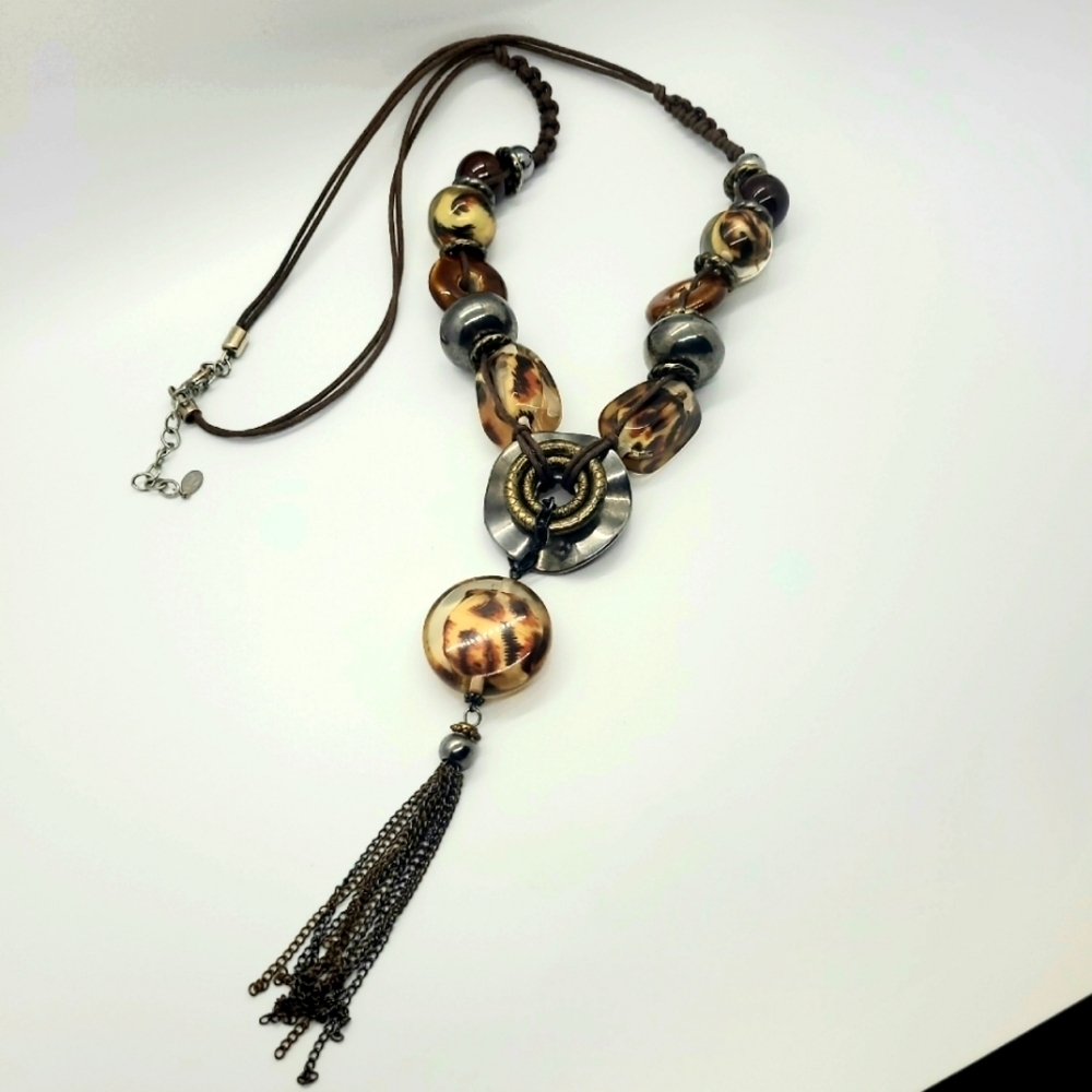 Handmade Boho Leopard Glass & Metal Beaded Long Necklace